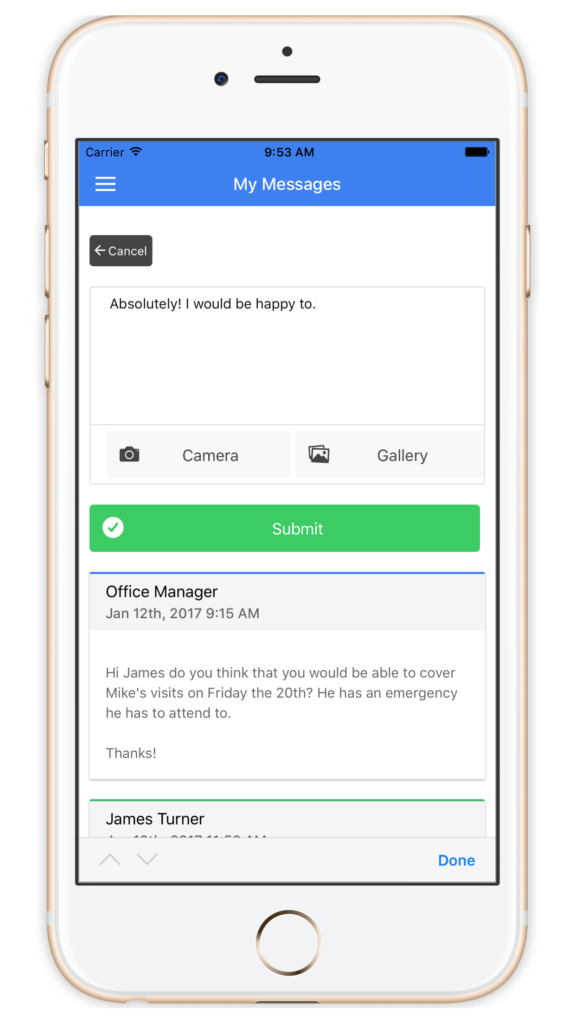 Direct messages from the pet care company in the Time To Pet staff mobile app