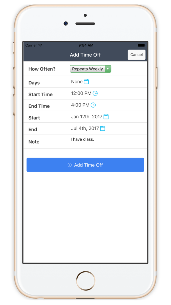 Time off request screen in the Time To Pet staff mobile app