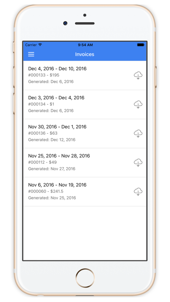 Staff invoices and pay stubs in the Time To Pet mobile app