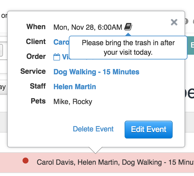 Time To Pet scheduler event with a note icon showing the event notes on hover