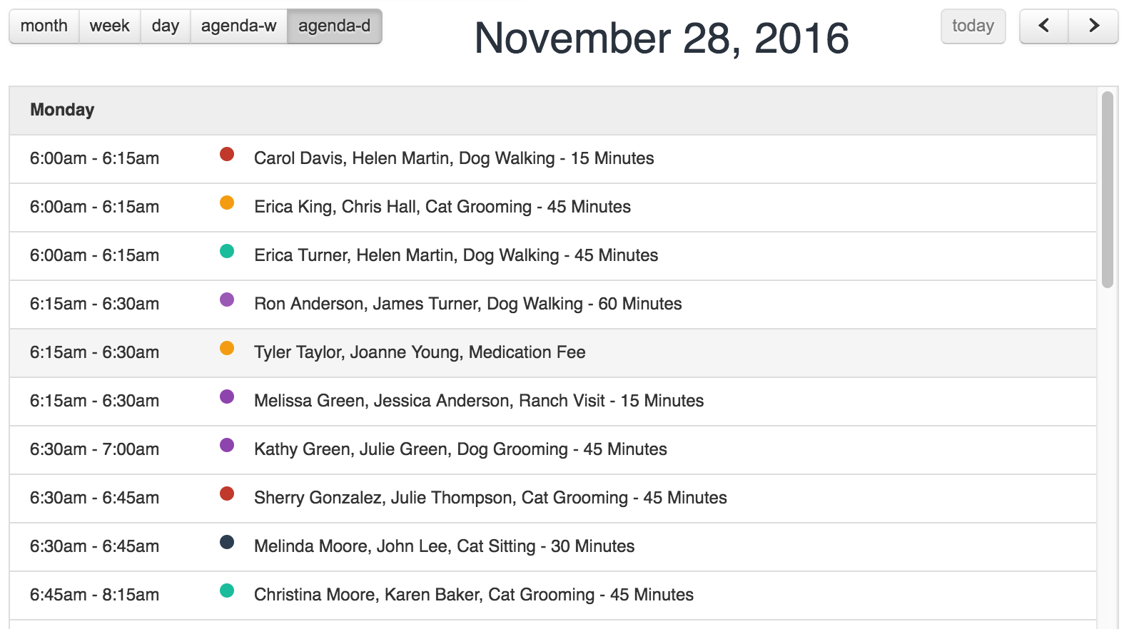 Time To Pet scheduler in Agenda view listing events in a list format
