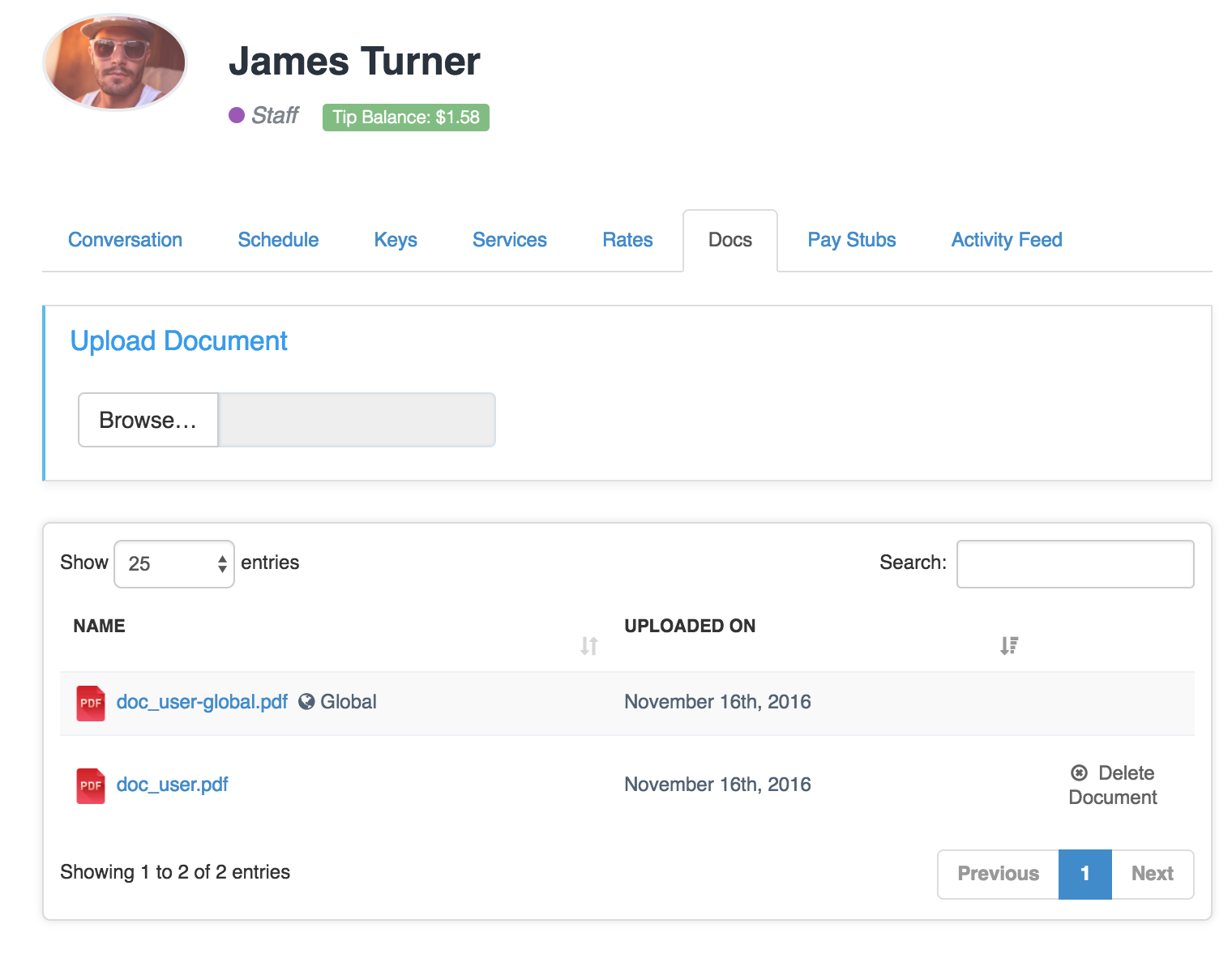 Docs tab on a staff member's profile in Time To Pet for uploading staff documents