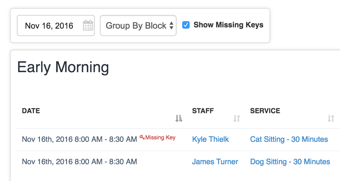 Time To Pet Daily Summary showing the Missing Key Report for scheduled events