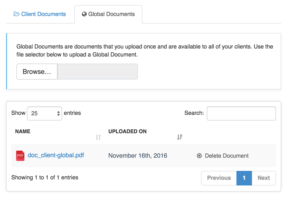 Time To Pet Global Documents page for uploading documents shared across all clients