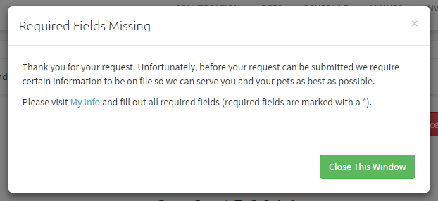 Client portal notice that required fields are missing, with a link to the My Info section