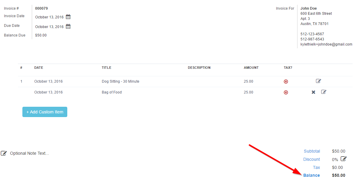 Time To Pet invoice balance updated with a saved custom line item