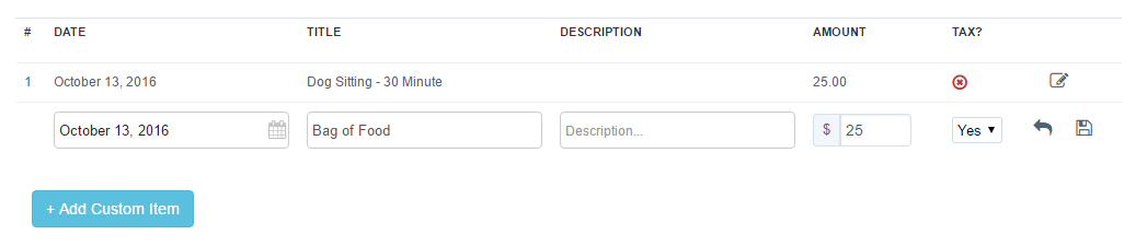 New custom line item on a Time To Pet invoice with the save icon