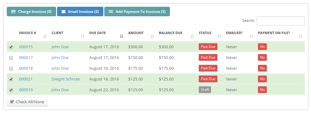Time To Pet Bulk Invoicing invoice list with checkboxes and check all or check none options