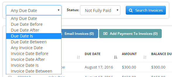 Time To Pet Bulk Invoicing filters by date rules and invoice status