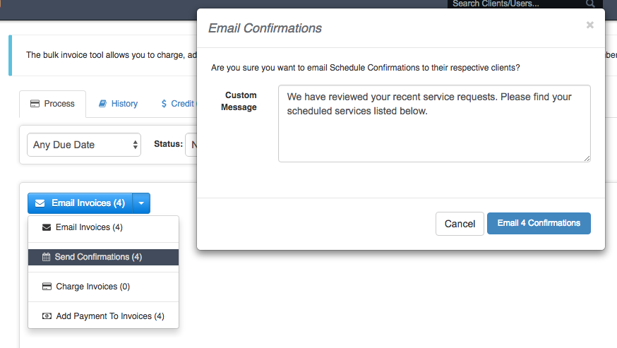 Time To Pet Bulk Invoicing screen for sending schedule confirmations in bulk