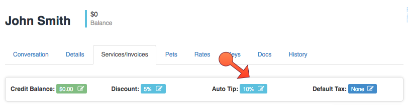 Time To Pet client setting for an automatic tip as a flat amount or percentage