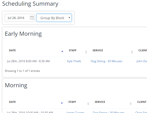 Time To Pet Daily Summary with events grouped by schedule block