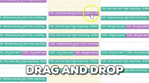 Animation of an event being dragged to a new time on the Time To Pet scheduler