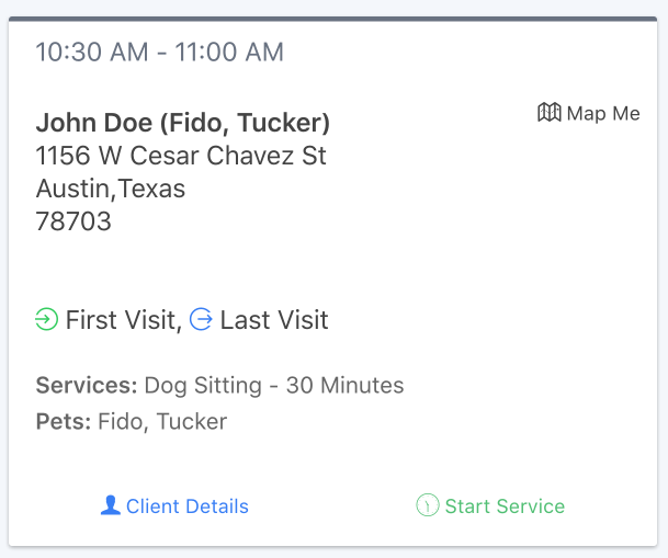 Time To Pet mobile app with the first and last visit labels highlighted