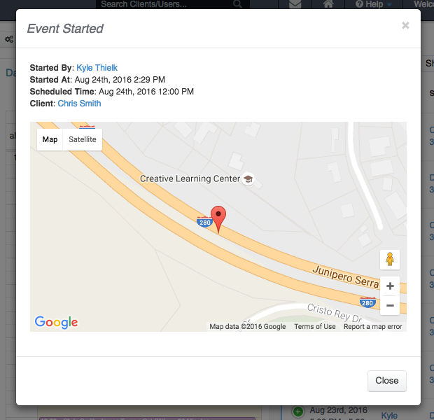 Time To Pet dashboard showing in-progress events started from the mobile app
