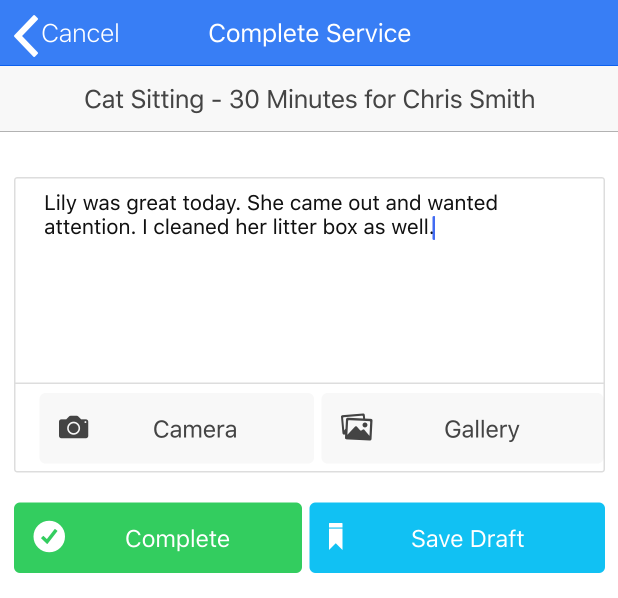 Time To Pet mobile app Complete Service screen showing the client name and service
