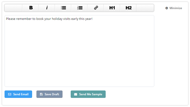 Time To Pet bulk email campaign editor with draft, sample email and send options