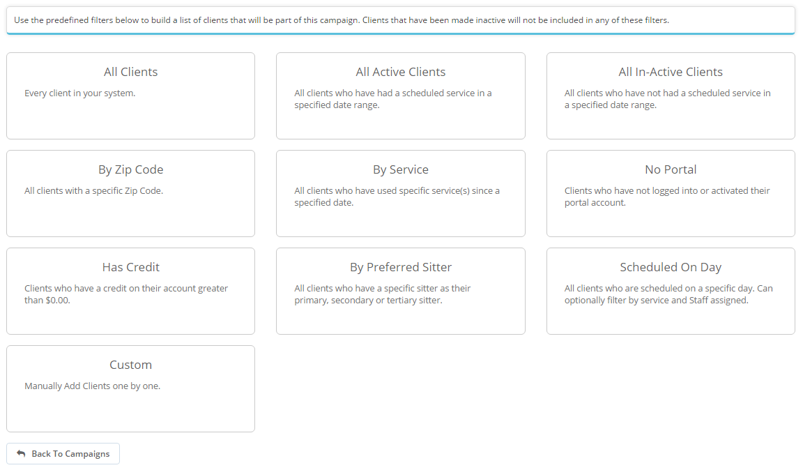 Time To Pet new email campaign screen for choosing which clients to include