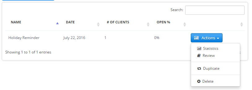 Time To Pet actions available for a sent bulk email campaign