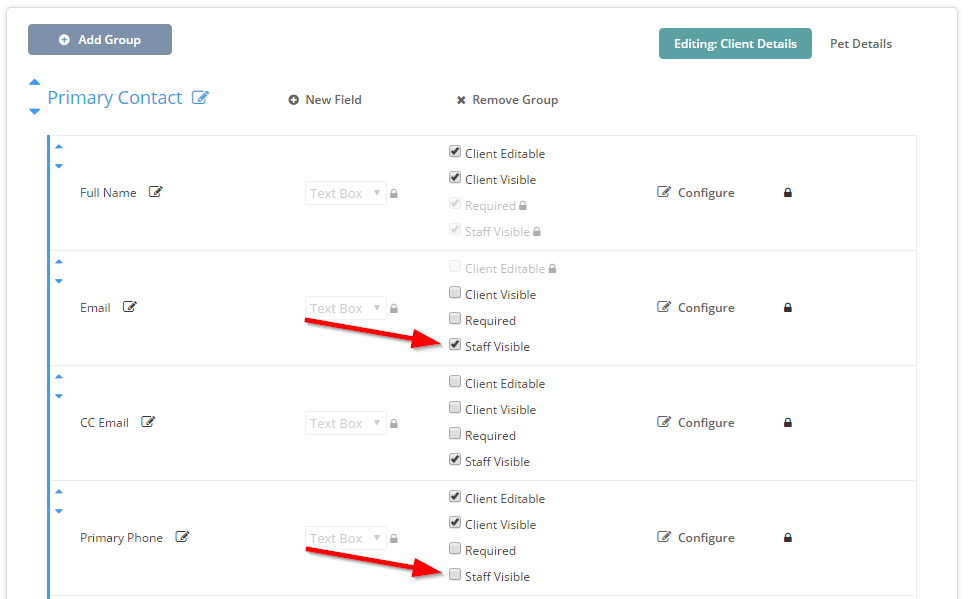 Time To Pet Custom Fields settings with the Staff Visible checkbox for each field