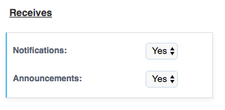 Receives section of a Time To Pet client profile with drop-downs for each email type