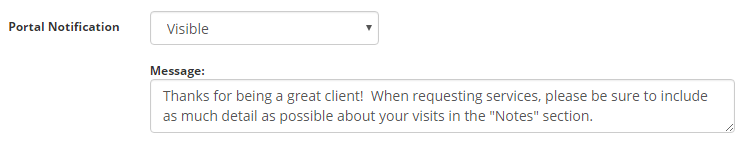 Time To Pet Portal Notification set to Visible, showing permanent instructions for clients