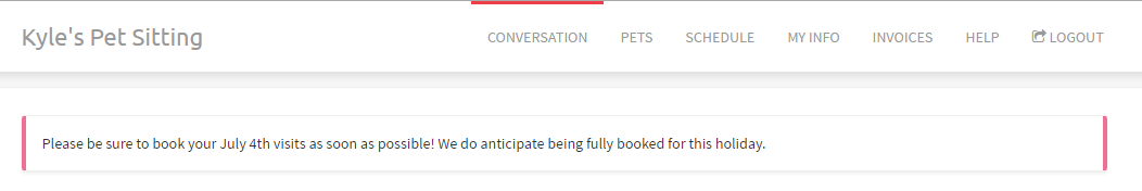 Time To Pet Client Portal with a Portal Notification shown at the top of the page