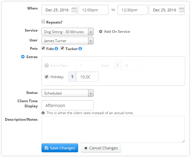 Time To Pet invoice with a holiday fee added automatically to a visit on a holiday