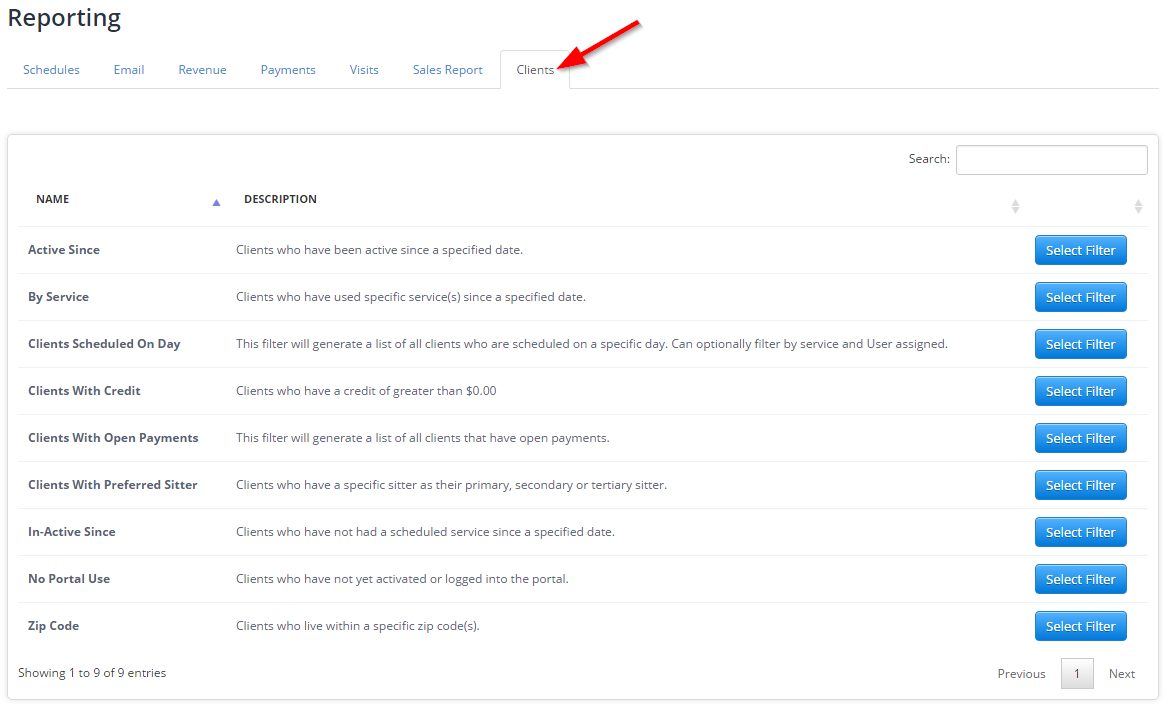 Time To Pet Client Reports list under Reporting