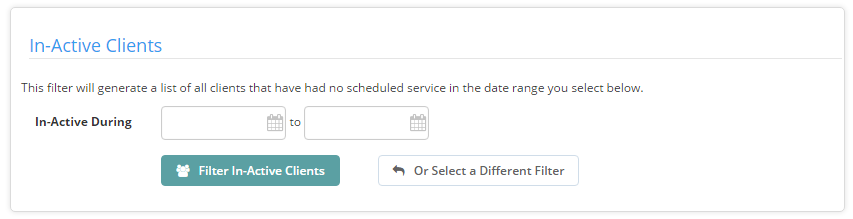 Time To Pet In-Active Clients report listing clients who have not booked recently