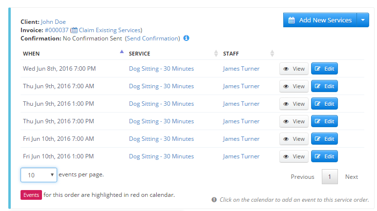 Time To Pet scheduler showing all the visits for a client's trip after scheduling