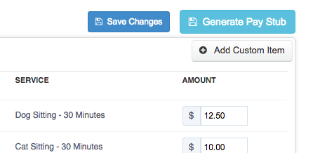 Time To Pet pay stub screen in a staff member's profile with separate save and generate buttons
