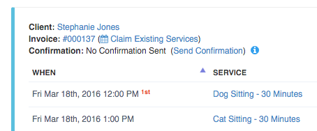 Time To Pet schedule with a client's first and last visits marked