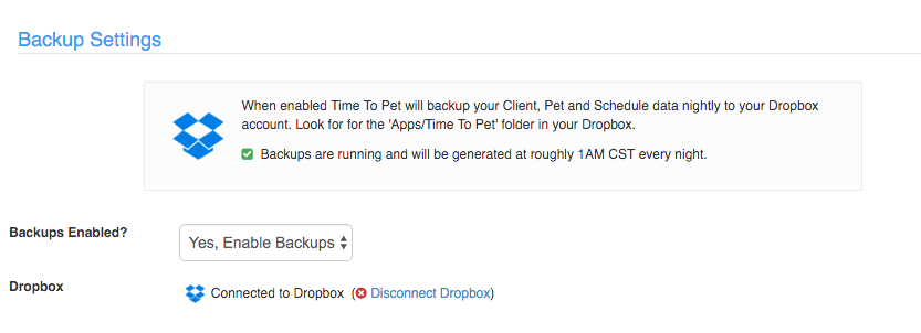 Time To Pet now backs up your data to Dropbox