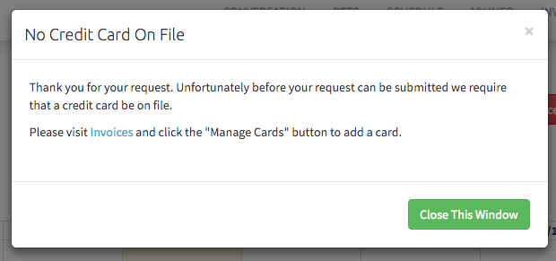 Time To Pet client portal message requiring a credit card on file before requesting services