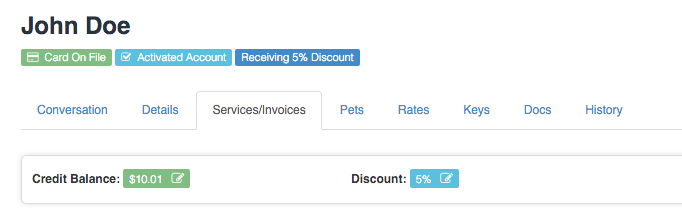 Time To Pet client profile showing the credit balance and adjustment history