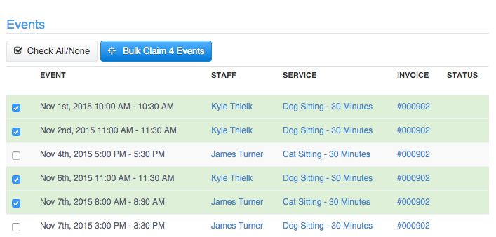 Time To Pet bulk claiming screen for moving multiple services between a client's invoices