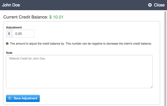 Time To Pet Adjust Credit Balance form with an amount and a note explaining the change