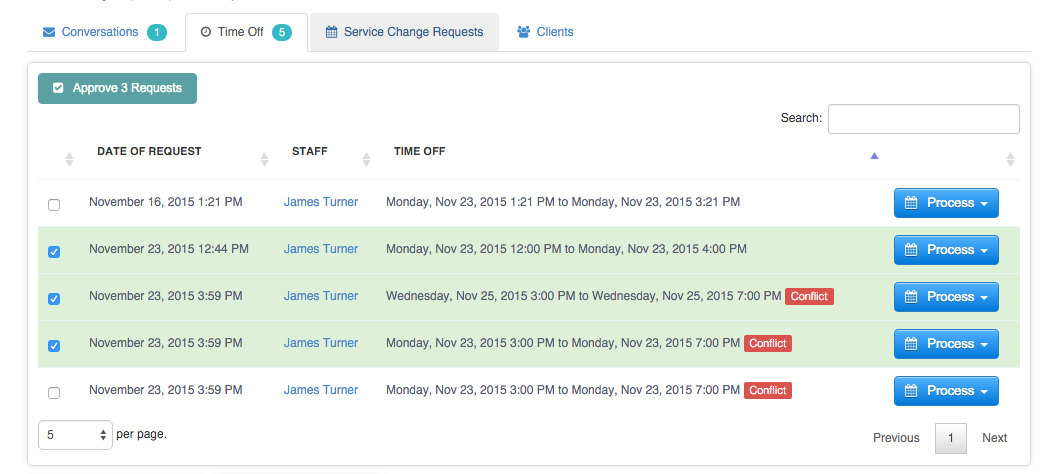 Time To Pet time off requests list with multiple rows selected for bulk approval