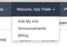 Time To Pet account menu with Billing and Announcements links