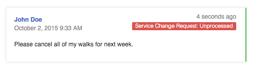Client message in the Time To Pet conversation feed tagged 'Service Change Request: Unprocessed'