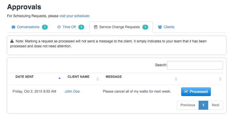 Time To Pet Approvals page tab listing pending service change requests