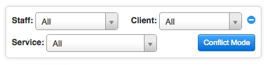 Conflict Mode button in the Time To Pet scheduler calendar filters