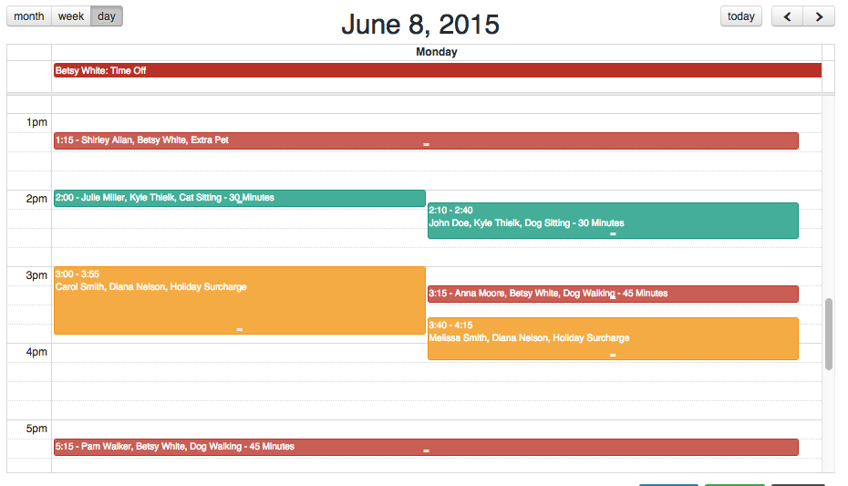 Time To Pet calendar in conflict mode showing only conflicting events and time off requests