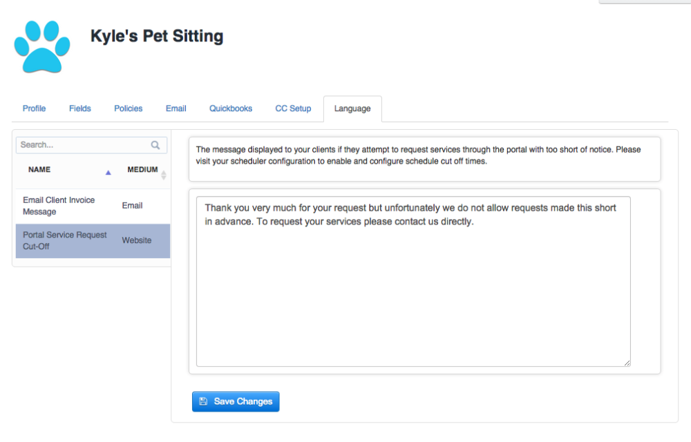 Time To Pet language settings for the custom portal service request cut-off message