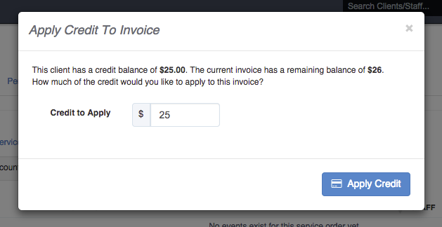 Time To Pet screen for redeeming a client credit against an invoice
