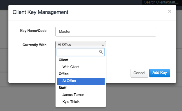 Time To Pet client key location options including the new 'At Office' preset