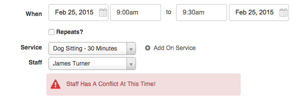 Time To Pet scheduler warning that a sitter scheduling conflict was detected