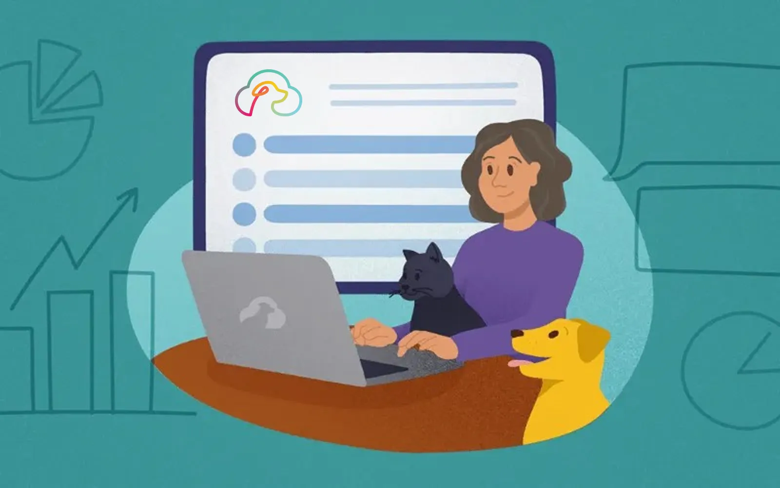 Illustration of a pet business owner working on a laptop with Time To Pet software while a cat and dog keep her company