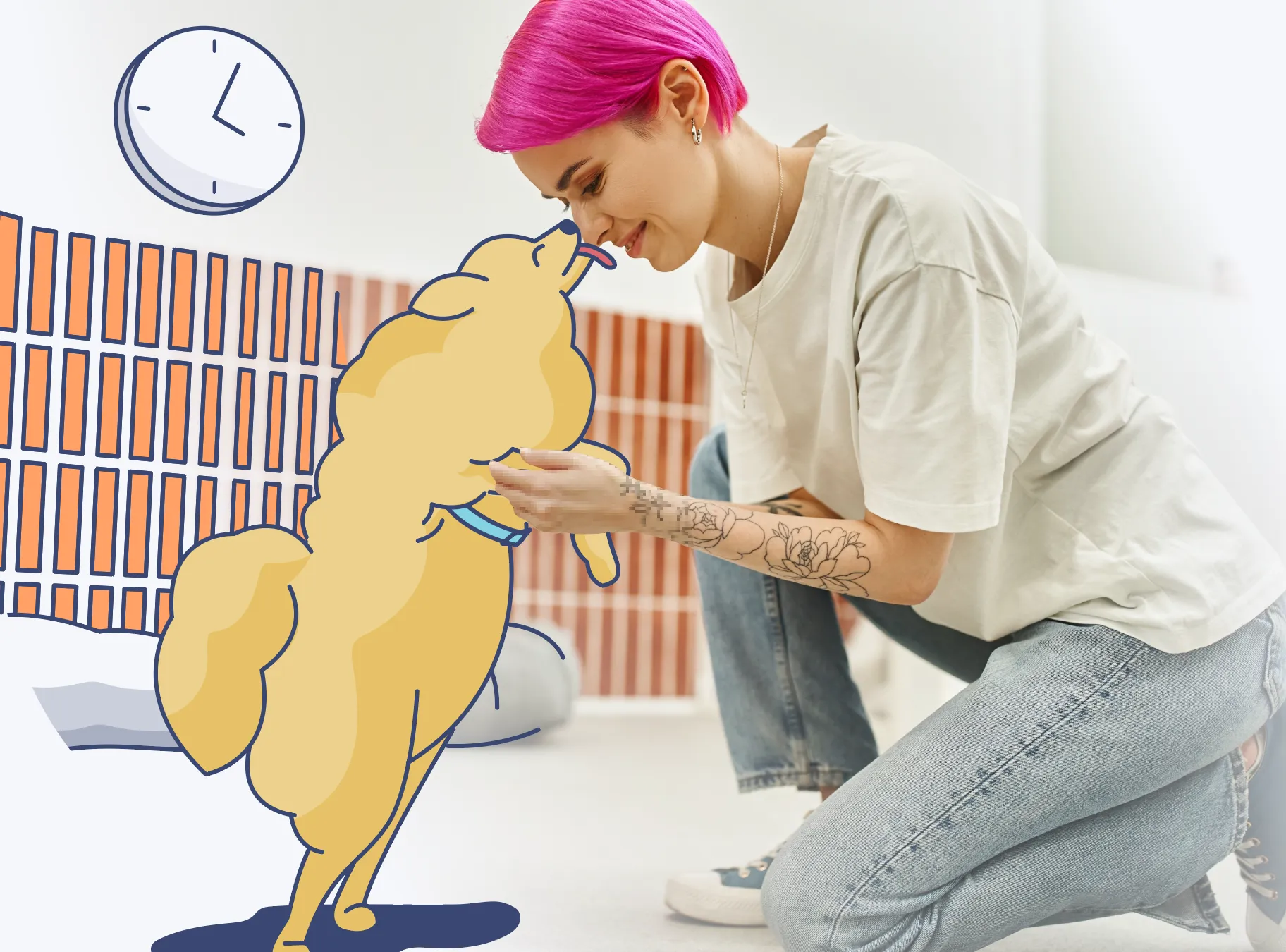 a woman playing with her dog
